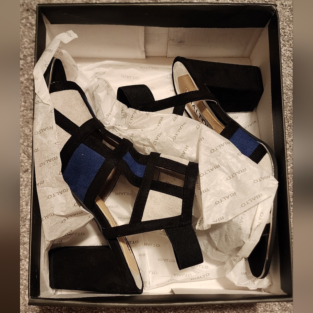 Rialto "Welth" open toe heeled sandals, navy/tan multi-color sueded, sz: 8.5 NIB - Picture 10 of 11
